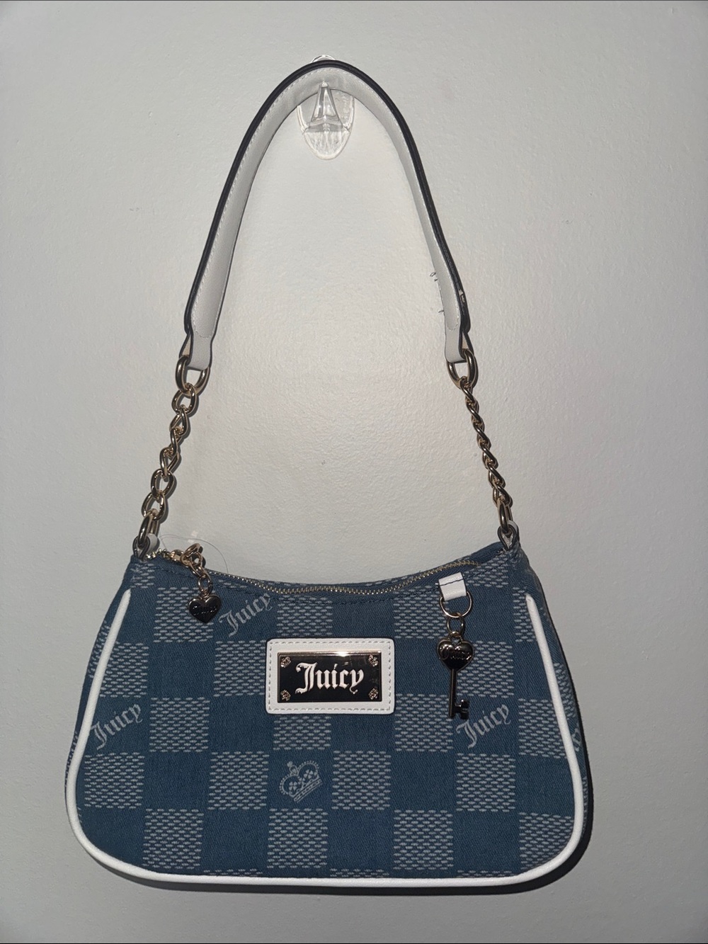 Juicy Couture Blue Check Shoulder Bag with Heart & Key Charms